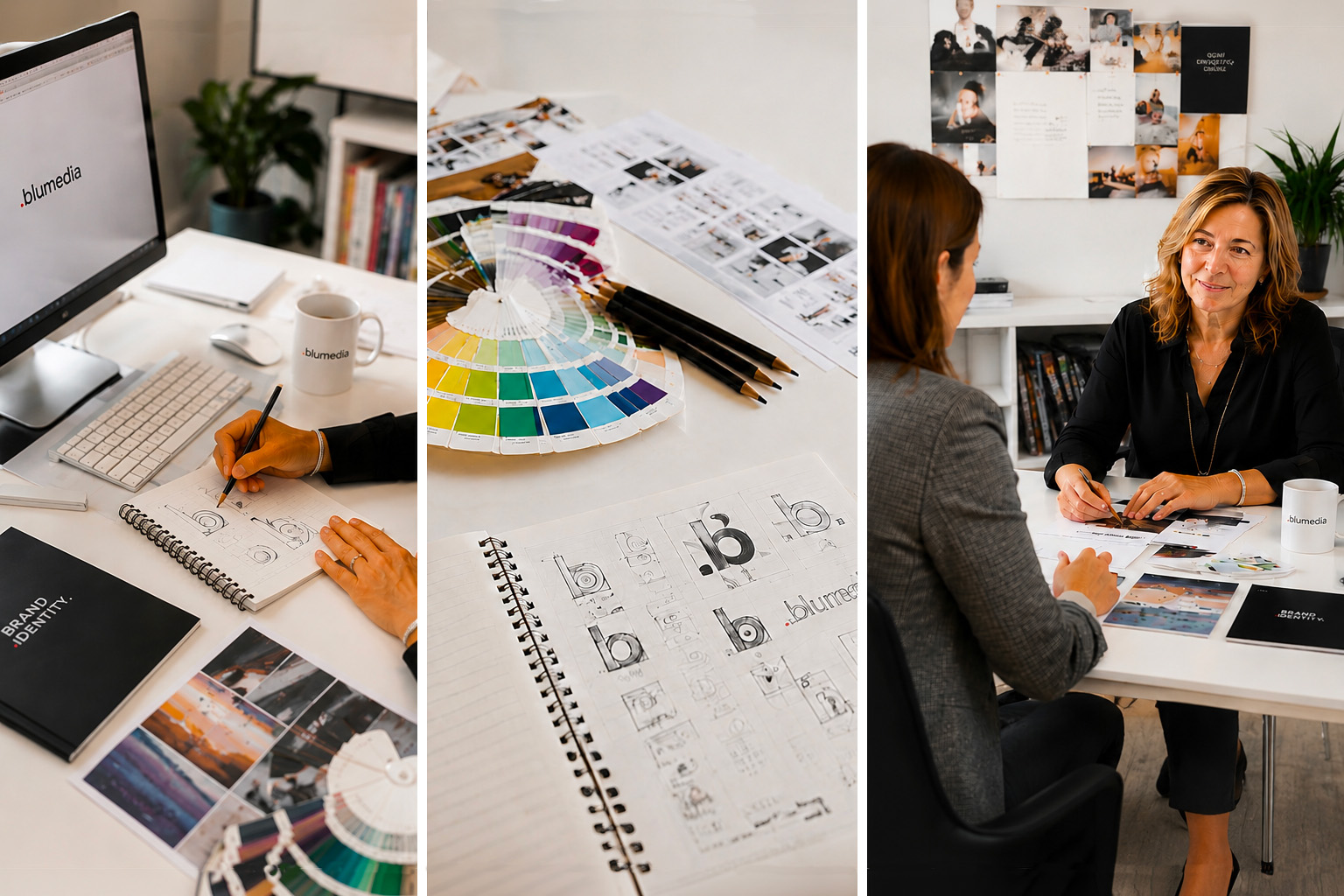 Designer sketches logo concepts at a white desk with a computer and color swatches nearby, in a bright office setting.